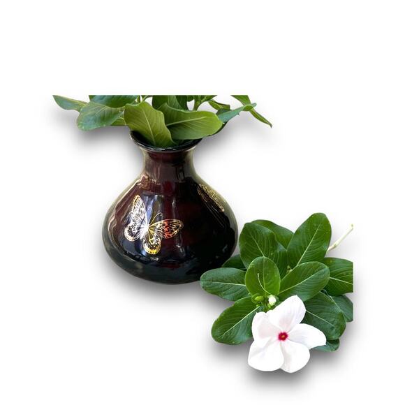 Butterfly Pottery Bud Vase in Black & Burgundy Glaze with 18k Genuine Gold - Picture 5 of 10